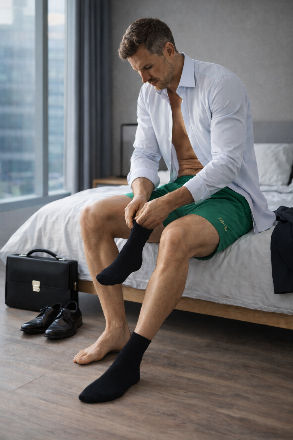 Man sitting on a bed putting on socks with a cityscape view.